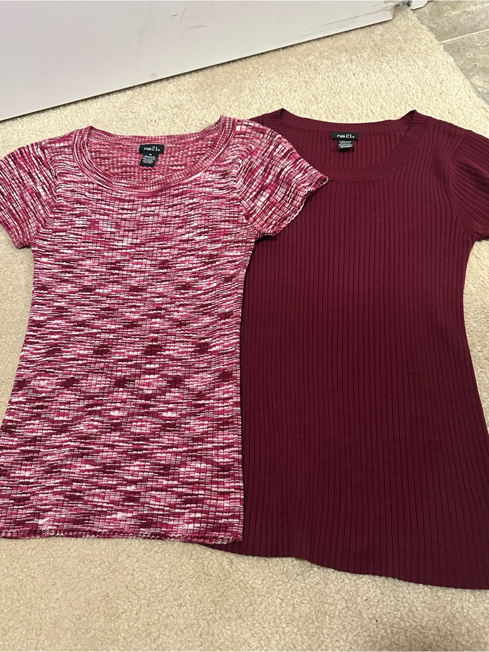 Rue21 Girls Short Sleeve Rib Tee & Pink Space-Dye Top - Burgundy, Pink